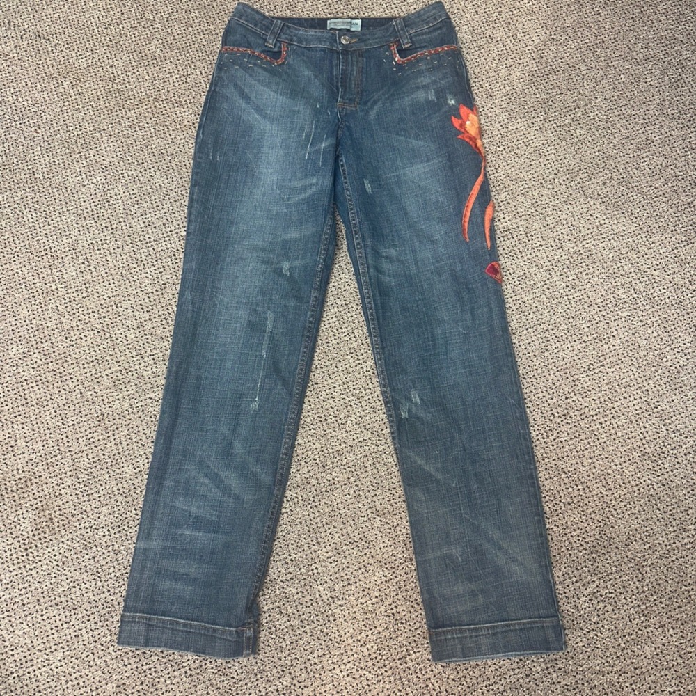 London Jean Floral Applique Sequin Beaded Straight Leg Denim Jeans Blue Women 10